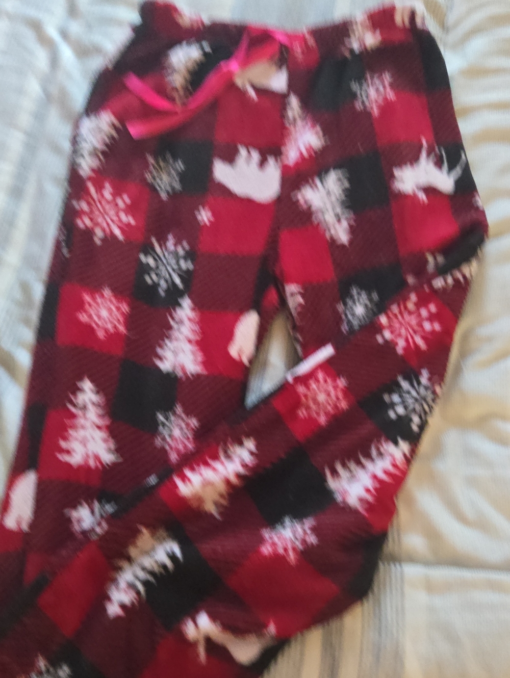 Women's Red Buffalo Plaid Holiday Flannel Pajama Pants with White Motifs